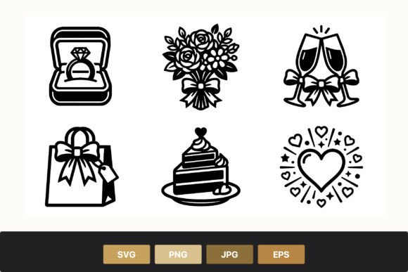 Elegant Wedding Ring Bouquet Cake Line Art Icons